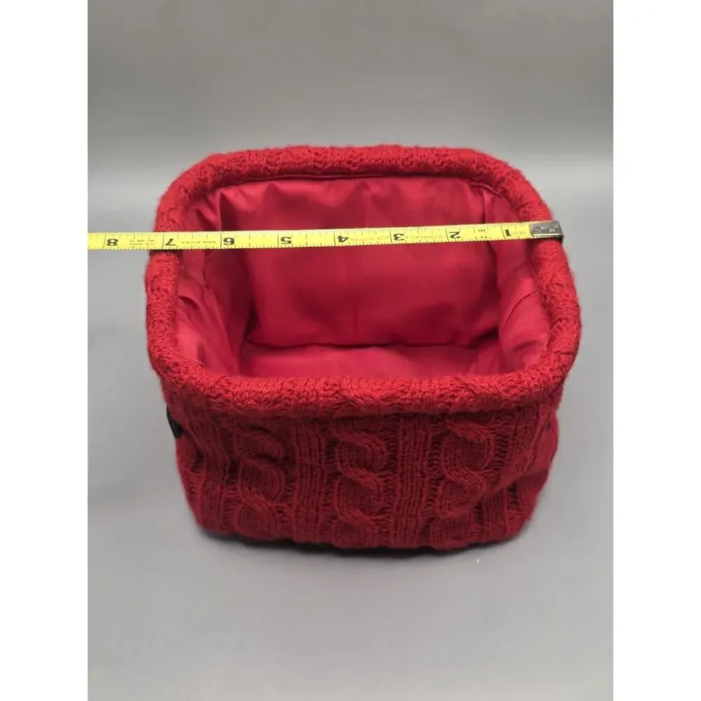 Target Threshold Holiday Red Cable Knit Storage Basket Faux Leather Handle Small